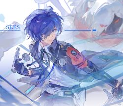  1boy arm_up armband asymmetrical_dual_wielding belt belt_buckle black_belt black_jacket black_pants black_skin blue_eyes blue_hair buckle closed_mouth collared_shirt colored_skin commentary demon_(megami_tensei) dual_wielding english_text evoker gekkoukan_high_school_uniform gun hair_over_one_eye headphones headphones_around_neck highres holding holding_gun holding_sword holding_weapon holster jacket long_sleeves looking_to_the_side male_focus open_clothes open_jacket orpheus_(persona) pants parted_bangs parted_hair persona persona_(summon) persona_3 red_armband red_eyes red_scarf s.e.e.s scarf school_uniform shirt shirt_tucked_in short_hair sideways_glance suit_jacket sword untranslatable_commentary viosuya weapon white_hair white_shirt wing_collar yuuki_makoto_(persona_3) 