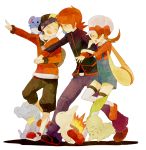 1girl 2boys alternate_costume brown_hair chikorita cyndaquil gold_(pokemon) gold_(pokemon)_(remake) hat hat_ribbon kl kotone_(pokemon) marill multiple_boys pokemon pokemon_(game) pokemon_gsc pokemon_heartgold_and_soulsilver red_hair red_ribbon redhead ribbon silver_(pokemon) silver_(pokemon)_(remake) thighhighs totodile