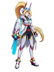  1girl absurdres alternate_costume alternate_hairstyle arm_shield armored_boots belt blonde_hair blue_eyes body_armor bodysuit boots breasts chainsaw chest_jewel coat commission commissioner_upload covered_abs covered_navel cynthia_(mega_man_zx_zeta) elbow_gloves energy_weapon forehead_jewel fur-trimmed_coat fur_trim gauntlets gloves high_heel_boots high_heels highres long_bangs long_hair mechanical_ears medium_breasts mega_man_(series) mega_man_zx non-web_source ponytail solo thigh_boots thighs transparent_background uta_guipiy 