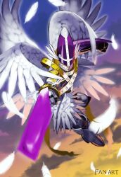  1boy absurdres angel arm_blade commentary_request covered_eyes digimon digimon_(creature) feathered_wings feathers helmet helmet_over_eyes highres holyangemon jira_(ziraiya26) male_focus midair multiple_wings solo weapon white_feathers white_wings wings 