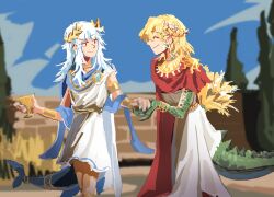 absurdres alligator ancient_greek_clothes armlet blue_nails bracelet braid brick brick_wall chain chiton choker_jewel claws closed_eyes closed_mouth crocodilian crocodilian_tail dress fins fish_tail gawr_gura gold_armlet gold_chain gold_cup gold_necklace greco-roman_clothes highres himation holding_hands hololive hololive_english jewelry laurel_crown looking_at_another necklace parqufear robe scales single-shoulder_dress tail tree veil watson_amelia wheat white_dress yellow_nails 