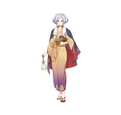  1girl absurdres aiwo_o_lite alternate_costume alternate_hairstyle bath_yukata brown_eyes commentary english_commentary female_robin_(fire_emblem) female_robin_(onsen_tactician)_(fire_emblem) fire_emblem fire_emblem_awakening fire_emblem_heroes gold_sash hair_rings highres holding japanese_clothes kimono long_sleeves looking_at_viewer medium_hair official_art rubber_duck simple_background smile solo towel towel_around_neck white_background white_hair yellow_kimono yukata 