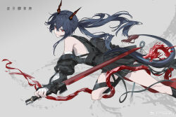  1girl absurdres arknights asymmetrical_dual_wielding bare_legs bare_shoulders black_dress black_sleeves blue_hair ch'en_(arknights) ch'en_the_dawnstreak_(arknights) character_name chinese_commentary commentary crossed_bangs dagger detached_sleeves dragon dress dual_wielding dynamic_pose eastern_dragon floating_hair foot_out_of_frame from_side grey_background hair_between_eyes highres holding holding_dagger holding_knife holding_sword holding_weapon horns knife looking_at_viewer looking_to_the_side ponytail red_eyes reverse_grip short_dress sleeveless sleeveless_dress solo sword tail tk_production watermark weapon weibo_username weibo_watermark 