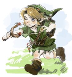  1boy arms_up belt belt_buckle blonde_hair blue_eyes blush boots brown_belt brown_boots buckle child closed_mouth curtained_hair full_body grass green_hat green_tunic hat highres holding holding_weapon link male_focus ngt08s one_eye_closed pointy_ears running shield shield_on_back simple_background slingshot_(weapon) smile solo sword sword_on_back the_legend_of_zelda the_legend_of_zelda:_ocarina_of_time the_legend_of_zelda:_ocarina_of_time_(remake) tunic weapon weapon_on_back white_background young_link 