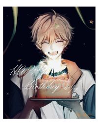  1boy akehoshi_subaru birthday_cake border cake closed_eyes commentary ensemble_stars! facing_viewer fireworks food hair_between_eyes happy_birthday highres holding holding_plate jacket jiro_oa male_focus official_alternate_costume open_clothes open_jacket open_mouth orange_hair plate short_hair short_sleeves solo sparkler star_(symbol) streamers teeth untranslatable_commentary upper_body white_border 