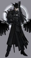  1boy absurdres arm_behind_back belt black_belt black_boots black_capelet black_coat black_gloves black_hair black_hat black_pants black_shirt black_smoke black_wings boots buttons capelet closed_mouth coat collared_shirt commentary_request double-breasted e.g.o_(project_moon) full_body gloves grey_background gun hat highres holding holding_gun holding_weapon hollow_(e.g.o) legs_apart limbus_company long_sleeves male_focus meursault_(project_moon) pants project_moon revolver sato_hinjaku shirt shoes simple_background solo standing top_hat trench_coat trigger_discipline weapon wings 