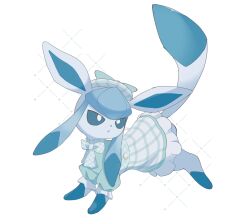  blue_eyes bow bright_pupils clothed_pokemon commentary_request dress frilled_dress frills fu_6uk glaceon glaceon_(checkered) highres looking_up no_humans open_mouth pokemon pokemon_(creature) pokemon_focus pokemon_unite white_background white_pupils 