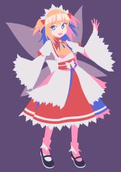  1girl ascot black_shoes blonde_hair bow d2dtsst fairy fairy_wings full_body hair_bow headdress highres long_sleeves looking_at_viewer mary_janes medium_hair purple_background red_bow red_skirt shirt shoes simple_background skirt socks solo sunny_milk touhou violet_eyes white_shirt white_socks wide_sleeves wings yellow_ascot 