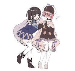  2girls absurdres black_hair blue_gem blush cape capelet coat detached_sleeves detec_bell detective fur_cape fur_coat gem hat highres holding lapis_lazuline lilyac magical_girl mahou_shoujo_ikusei_keikaku mahou_shoujo_ikusei_keikaku_limited mahou_shoujo_ikusei_keikaku_restart multiple_girls open_mouth pink_hair short_hair skirt smile tail thigh-highs tiger_stripes tiger_tail white_thighhighs yuri 