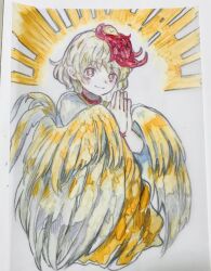  1girl animal_on_head baby_animal bird blonde_hair chick closed_mouth commentary_request feathered_wings highres looking_at_viewer niseneko_(mofumofu_ga_ienai) niwatari_kutaka on_head palms_together red_eyes red_hair shirt short_hair smile solo touhou traditional_media white_shirt wings 