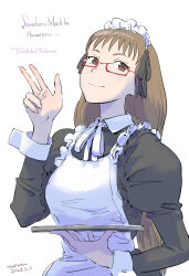  1girl apron black_dress black_ribbon brown_eyes brown_hair character_name closed_mouth copyright_name dated dress glass hair_ribbon head_tilt highres holding holding_plate light_smile long_hair long_sleeves looking_at_viewer maid maid_apron maid_headdress pinafore_dress plate puffy_long_sleeves puffy_sleeves red-framed_eyewear ribbon signature simple_background sleeveless sleeveless_dress solo soredemo_machi_wa_mawatteiru tatsuno_toshiko tombiiwa upper_body very_long_hair w white_apron white_background white_wrist_cuffs wrist_cuffs 