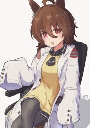  1girl absurdres agnes_tachyon_(tach-nology)_(umamusume) agnes_tachyon_(umamusume) ahoge animal_ears black_necktie black_pantyhose blush breasts brown_hair chain chair chemical_structure closed_mouth coat commentary_request cork crossed_legs earrings hair_between_eyes highres horse_ears horse_girl horse_tail jewelry koshiba_taiyaki lab_coat long_sleeves necktie pantyhose red_eyes shirt short_necktie single_earring sitting sleeves_past_fingers sleeves_past_wrists solo sweater sweater_vest swivel_chair tail test_tube tongue tongue_out umamusume white_coat wolf_cut yellow_sweater yellow_sweater_vest 
