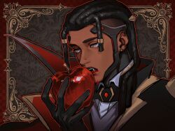  1boy apple black_gloves black_hair blood blood_from_mouth border chinese_commentary commentary_request dark-skinned_male dark_skin doctrine_(overwatch) dreadlocks earrings fangs food fruit gloves grey_background hido_hany holding holding_food holding_fruit jewelry long_hair looking_ahead male_focus ornate_border outline overwatch red_outline simple_background solo upper_body vampire yellow_eyes 
