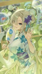  1girl arms_up asuna_(blue_archive) blonde_hair blue_archive blue_eyes blue_sash breasts commentary_request cowboy_shot floral_print floral_print_kimono flower from_side grin hair_flower hair_ornament hand_fan highres holding holding_fan japanese_clothes kimono large_breasts long_hair looking_at_viewer ojisan_kamo_shiremasen paper_fan print_kimono purple_flower sash smile solo uchiwa waving white_kimono 