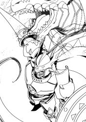  absurdres armor cape commentary_request digimon digimon_(creature) dragon dual_wielding dukemon eikenkobayashi greyscale helmet highres holding holding_polearm holding_weapon knight lance lineart megidramon monochrome polearm sharp_teeth shield solo_focus teeth tongue weapon 