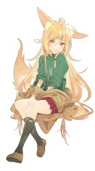  1girl absurdres animal_ears black_socks blonde_hair brown_jacket brown_shoes closed_mouth commentary fox_ears fox_girl fox_tail green_sweater hair_between_eyes highres invisible_chair jacket koyoi_mitsuki long_hair looking_at_viewer off_shoulder one_ear_down original pink_eyes pleated_skirt red_skirt shoes simple_background sitting skirt smile socks solo sweater tail white_background 