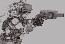  1girl animal_ears backpack bag black_gloves bodysuit chest_rig elbow_pads frown gloves gun handgun head-mounted_display highres laser_sight original ponytail scope simple_background sketch suppressor verseshi weapon 