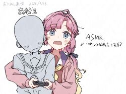  2girls ahoge anyoji_hime asmr behind_another brown_dress commentary controller dated dress dualshock game_controller hasu_no_sora_school_uniform highres holding holding_controller holding_game_controller hood hood_down hooded_jacket jacket long_sleeves love_live! love_live!_hasu_no_sora_jogakuin_school_idol_club multiple_girls neckerchief open_clothes open_jacket pink_jacket playstation_controller sailor_collar sailor_dress school_uniform simple_background sio_pasta translation_request untranslatable_commentary viewer_self-insert white_background white_sailor_collar winter_uniform yellow_neckerchief 