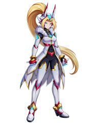  1girl absurdres alternate_costume alternate_hairstyle armored_boots belt blonde_hair blue_eyes body_armor bodysuit boots breasts chest_jewel coat commission commissioner_upload covered_abs covered_navel cynthia_(mega_man_zx_zeta) elbow_gloves energy_weapon forehead_jewel fur-trimmed_coat fur_trim gauntlets gloves high_heel_boots high_heels highres long_bangs long_hair mechanical_ears medium_breasts mega_man_(series) mega_man_zx non-web_source ponytail solo thigh_boots thighs transparent_background uta_guipiy 