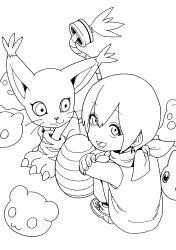  1girl absurdres bare_shoulders botamon bubbmon cat child commentary_request digimon digimon_(creature) digimon_adventure digitama egg eikenkobayashi greyscale group_picture highres lineart monochrome poyomon punimon scarf tail tail_ornament tail_ring tailmon yagami_hikari yukimibotamon 