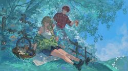  1boy 1girl against_fence alex_(degrees_of_lewdity) alex_(male)_(degrees_of_lewdity) black_boots black_shorts blonde_hair boots braid_over_shoulder breasts can closed_mouth daisy_(flower) dappled_sunlight degrees_of_lewdity double-parted_bangs fence flower food full_body grass hair_between_eyes hand_on_ground hand_up hat hice_hideice highres hill holding holding_can holding_food holding_popsicle jacket jacket_partially_removed long_hair meadow medium_breasts nostrils outdoors pants picnic_basket plaid_clothes plaid_jacket plaid_shirt player_character_(degrees_of_lewdity) player_character_(female)_(degrees_of_lewdity) popsicle red_hair red_shirt shirt short_hair shorts sitting sleeves_rolled_up smile sun_hat sunlight tank_top tree very_short_hair white_pants white_tank_top wooden_fence yellow_eyes 