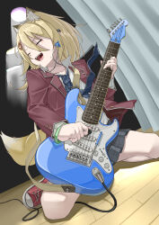 1girl animal_ears arai_kogane blonde_hair blue_necktie cable closed_eyes commentary_request converse curtains electric_guitar fender_stratocaster fox_girl fox_tail guitar hair_ornament hanging_light heart_pendant highres instrument jacket jewelry necklace necktie open_mouth original pleated_skirt plectrum red_jacket school_uniform shirt shoes skirt sneakers spotlight stage tail white_shirt wooden_floor