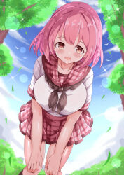  1girl :d blue_sky blush braid breasts brown_eyes brown_neckerchief clouds commentary_request day feet_out_of_frame hands_on_own_knees highres hoshizaki_akari large_breasts neckerchief ongeki outdoors pink_hair pink_sailor_collar pink_skirt plaid_clothes plaid_sailor_collar plaid_skirt pleated_skirt sailor_collar school_uniform serafuku shirt short_sleeves skirt sky smile solo standing tree twin_braids white_shirt xenon_(for_achieve) 