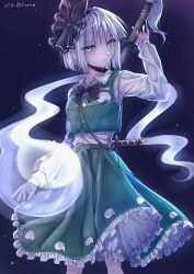  1girl black_bow black_bowtie black_hairband bloomers blue_eyes bow bowtie closed_mouth collared_shirt commentary_request frilled_skirt frills green_skirt green_vest grey_hair hairband highres hitodama holding holding_sword holding_weapon katana konpaku_youmu konpaku_youmu_(ghost) looking_at_viewer sheath sheathed shirt skirt skirt_set solo sword sword_on_back touhou twitter_username uta_kome2248 vest weapon weapon_on_back white_bloomers white_shirt 