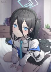  1girl absurdres aris_(blue_archive) bed black_hairband black_skirt black_socks blue_archive blue_eyes blue_halo blue_necktie breasts closed_mouth collared_shirt commentary_request hair_between_eyes hairband halo highres jacket long_hair long_hair_between_eyes long_sleeves looking_at_viewer miniskirt necktie no_shoes on_bed open_clothes open_jacket pocket puffy_long_sleeves puffy_sleeves rectangular_halo ringed_eyes shirt sise sitting skirt small_breasts smile socks solo two-sided_fabric two-sided_jacket very_long_hair white_jacket white_shirt zipper 