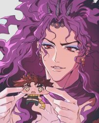  battle_tendency blue_eyeshadow chibi crop_top earrings eyelashes eyeshadow highres horns jewelry jojo_no_kimyou_na_bouken joseph_joestar joseph_joestar_(young) kars_(jojo) long_hair makeup pinching red_eyes scarf simple_background squishing teeth tosaenkei white_background 