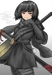  1girl arm_up bandaged_arm bandaged_leg bandages black_hair heishou_pack-mao_branch_(identity)_(project_moon) highres holding holding_weapon katana limbus_company looking_at_viewer mitama_nyan multiple_swords project_moon rabbit_tail red_eyes ryoshu_(project_moon) scarf short_hair simple_background smirk smoke smoke_trail standing sword sword_on_back tail weapon weapon_on_back 