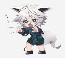  1other animal_ears aqua_jacket black_shoes black_shorts bright_pupils chibi chibi_only claw_pose dog_ears dog_tail full_body growling highres jacket kashisuover long_sleeves looking_at_viewer open_mouth original other_focus outstretched_arms shoes short_hair shorts simple_background standing tail white_background white_hair white_pupils 