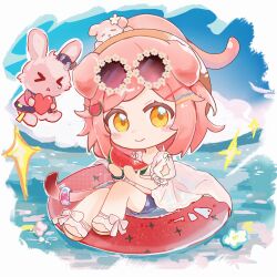  >_< 1girl animal_ears animal_on_head arknights bikini blue_sky cat cat_ears cat_girl cat_on_head cat_tail chibi chibi_only chinese_commentary choshanland_plushy_(arknights) clouds commentary_request day eyewear_on_head floppy_ears flower-shaped_eyewear food food-themed_hair_ornament fruit goldenglow_(arknights) goldenglow_(summer_flowers)_(arknights) hair_ornament highres holding holding_food holding_fruit innertube looking_at_viewer ocean official_alternate_costume on_head on_innertube outdoors pink_cat pink_hair purple-tinted_eyewear sitting sky solo stuffed_animal stuffed_rabbit stuffed_toy sunglasses swim_ring swimsuit tail tinted_eyewear watermelon watermelon_hair_ornament watermelon_slice white_bikini wo_xiang_bu_chulai yellow_eyes 
