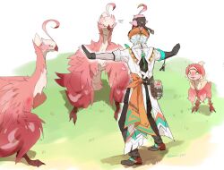  1boy animal_on_head artist_name bag bird bird_on_head boots brown_bag brown_boots brown_gloves cacucu_(genshin_impact) chaps coat commentary cowboy_boots cowboy_hat dark-skinned_male dark_skin english_commentary facing_away from_behind genshin_impact gloves grass hat highres ifa_(genshin_impact) lab_coat male_focus meme on_head outstretched_arms prattkeeping_(meme) qucusaurus_(genshin_impact) rope short_hair short_sleeves sleeve_cuffs spread_arms standing tassel twitter_username vision_(genshin_impact) white_coat white_hair white_hat zarame_pfpf 