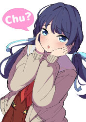  1girl :o blue_eyes blue_ribbon brown_cardigan cardigan cho_toutoi_love colored_speech_bubble commentary_request cowboy_shot dress hair_ribbon hands_on_own_cheeks hands_on_own_face hasu_no_sora_school_uniform highres kaudon long_hair looking_at_viewer love_live! love_live!_hasu_no_sora_jogakuin_school_idol_club low_twintails murano_sayaka neckerchief open_cardigan open_clothes pleated_dress raised_inner_eyebrows red_neckerchief ribbon sailor_collar sailor_dress school_uniform simple_background solo speech_bubble twintails virtual_youtuber white_background white_sailor_collar winter_uniform 