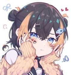 1girl :t absurdres bandaid bandaid_on_cheek bandaid_on_face black_hair black_nails blonde_hair blue_eyes blush cardigan choker double_bun hair_between_eyes hair_bun hands_on_own_cheeks hands_on_own_face heart heart_choker highres looking_at_viewer miko1117 multicolored_nails nijisanji nijisanji_en off_shoulder pentomo_(petra_gurin) petra_gurin school_uniform serafuku short_hair sleeves_past_wrists solo sticker sticker_on_face virtual_youtuber yellow_nails 