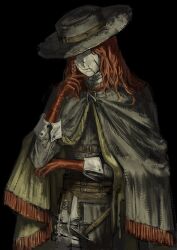  1boy absurdres aleph_(reverse:1999) black_cape black_hat black_pants black_shirt cape commentary_request cracked_mask gloves grey_mask hand_up harari hat highres korean_commentary long_hair male_focus mask merlin_(reverse:1999) pants red_gloves red_hair reverse:1999 shirt solo upper_body 