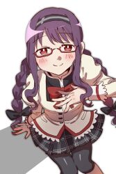 1girl absurdres akemi_homura akemi_homura_(cosplay) black_hair bow bowtie braid commentary_request cosplay glasses hairband highres juliet_sleeves long_hair long_sleeves mahou_shoujo_madoka_magica mahou_shoujo_madoka_magica:_walpurgis_no_kaiten mitakihara_school_uniform nyantama0141 puffy_sleeves red-framed_eyewear red_bow red_bowtie school_uniform semi-rimless_eyewear skirt smile solo twin_braids wasu_(madoka_magica)
