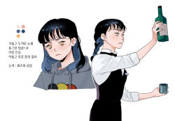  1girl bartender black_dress bottle braid character_request closed_mouth color_guide commentary_request cup dress holding holding_bottle holding_cup korean_commentary korean_text let_ink long_hair re-blooming single_braid translation_request white_background yellow_eyes 