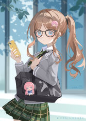  1girl absurdres bag bag_charm bang_dream! bang_dream!_it's_mygo!!!!! black_bag breasts cellphone character_doll character_hair_ornament charm_(object) chihaya_anon chinese_commentary commentary_request diagonal-striped_clothes diagonal-striped_necktie doll glasses green_necktie green_skirt grey_jacket hair_ornament highres holding holding_phone jacket long_hair looking_at_viewer nagasaki_soyo necktie phone plaid_clothes plaid_skirt pleated_skirt ponytail shoulder_bag sidelocks skirt smartphone solo striped_clothes striped_necktie yinranluo 