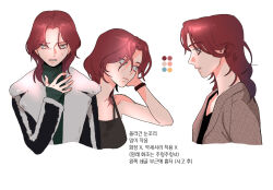  1girl black_jacket character_request closed_mouth color_guide commentary_request hand_on_own_chest jacket korean_commentary korean_text let_ink long_hair pale_skin re-blooming red_hair translation_request 