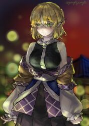  1girl arm_warmers black_shirt black_skirt blonde_hair blurry breasts commentary_request depth_of_field gonglijeongli green_eyes highres lens_flare medium_breasts medium_hair mizuhashi_parsee pointy_ears shirt skirt sleeveless sleeveless_shirt solo touhou twitter_username white_arm_warmers 