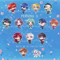  1other 6+boys 6+girls blue_background blue_hair brown_hair celexcity chibi chibi_only dog english_text gekkoukan_high_school_uniform grin highres iori_junpei looking_at_viewer multiple_boys multiple_girls open_mouth persona persona_3 persona_3_portable red_hair school_uniform shiomi_kotone smile takeba_yukari yuuki_makoto_(persona_3) 