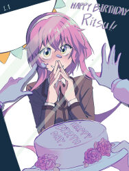  1girl 3others ansatsu_kyoushitsu aqua_eyes birthday_cake black_necktie blush cake character_name commentary_request food hairband happy_birthday highres jiritsu_shikou_kotei_houdai korean_commentary kunugigaoka_middle_school_uniform m_uramatsu_takuya mixed-language_commentary multicolored_eyes multiple_others necktie pennant pink_hair pointing pointing_at_another school_uniform smile solo_focus white_hairband yellow_eyes 