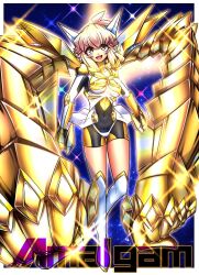  1girl :d amalgam_(symphogear) armor armored_bodysuit black_gloves bodysuit border brown_hair clenched_hands commentary_request covered_navel diffraction_spikes english_text extra_arms full_body glint gloves gold_vambraces grruhuh hair_between_eyes hair_ornament hairclip headgear headphones highres looking_at_viewer multiple_hairclips open_mouth outside_border over-kneehighs senki_zesshou_symphogear short_hair sky smile socks solo sparkle_background standing star_(sky) starry_sky tachibana_hibiki_(symphogear) thigh-highs v-shaped_eyebrows vambraces watermark white_border white_socks yellow_eyes 