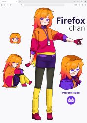  absurdres badge black_pantyhose colored_eyelashes english_commentary firefox-tan fox_shadow_puppet gloves gradient_hair gruppe highres kneehighs long_hair long_sleeves mozilla_firefox multicolored_gloves multicolored_hair multicolored_sweater multiple_views orange_hair os-tan pantyhose pencil_skirt personification purple_shirt purple_skirt red_shoes shirt shoes skirt sleeves_rolled_up socks sweater two-tone_gloves two-tone_mask 
