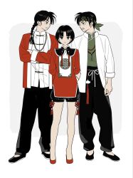  1girl 2boys :o arms_behind_back bandana black_hair black_pants black_shoes braid chinese_clothes commentary crossed_arms full_body green_bandana hibiki_ryouga highres hiroko_hiyokogm jacket multiple_boys open_mouth pants ranma_1/2 saotome_ranma saotome_ranma_(male) shoes short_hair single_braid tangzhuang tendou_akane white_jacket 