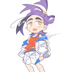  1boy bare_shoulders black_hair blue_jacket collarbone feet_out_of_frame hair_up jacket jacket_partially_removed kieran_(pokemon) league_club_uniform looking_to_the_side male_focus mashiro_nanashiro multicolored_hair open_mouth pokemon pokemon_scarlet_and_violet ponytail purple_hair red_tank_top sanpaku shorts sideways_glance signature slit_pupils solo standing tank_top two-sided_fabric two-sided_jacket white_jacket white_shorts yellow_eyes 