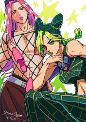  1boy 1girl abs absurdres animal_print braid braided_base bug bun_with_braided_base butterfly butterfly_print commentary_request cone_hair_bun double_bun eyeshadow fishnet_thighhighs fishnet_top fishnets green_eyeshadow green_lips green_pants green_tank_top hair_bun hat heavy1411572 highres horned_hat jojo_no_kimyou_na_bouken kujo_jolyne long_hair looking_at_viewer looking_to_the_side makeup midriff multicolored_hair narciso_anasui navel pants pink_eyes pink_hair pink_lips purple_hat skirt star_(symbol) stone_ocean tank_top thigh-highs two-tone_hair white_background 