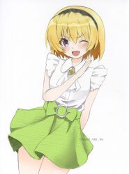  1girl absurdres arm_behind_back black_hairband blonde_hair breasts commentary_request cowboy_shot fang green_skirt hairband hatching_(texture) highres higurashi_no_naku_koro_ni houjou_satoko medium_breasts miniskirt one_eye_closed open_mouth shirt skin_fang skirt smile solo sweet_miuk_tea twitter_username v-shaped_eyebrows violet_eyes watermark white_shirt wide_hips 